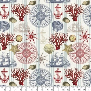 Coastal Breeze Ocean Maps Beach Shell Coral Costura Acolchado Tela FQ Crema - Imagen 1 de 3