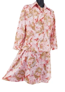 2 Pc ViNTAGE 70s PiNK FLORAL GO-GO DiSCO SHiFT DRESS & DAGGER COLLAR JACKET L - Picture 1 of 11