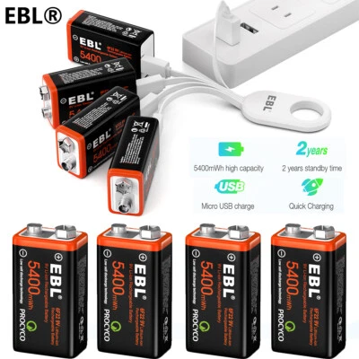 EBL 9 Volt Li-ion USB Rechargeable Batteries 5400mWh 9V Lithium Ion Battery Lot - Image 1 of 4