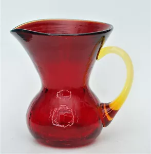 VINTAGE BLENKO RUBY RED PITCHER APPLIED AMBER HANDLE CRACKLE GLASS HAND BLOWN 6" - Picture 1 of 5