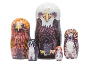 Juego de muñeca anidadora de aves rapaces hecha a mano 5 piezas más alta 6" 100 % madera de tilo natural - Imagen 1 de 3