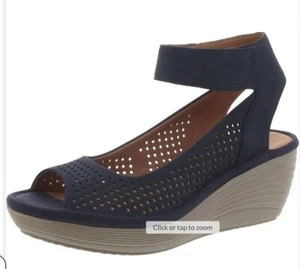 Clarks Navy Blue Perforated Wedge Sandals Adjustable Strap Size 8 - Picture 1 of 12
