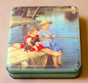 BEAUTIFUL VINTAGE 1950s NESTLE FISHING CHILDREN BISCUIT TIN - Picture 1 of 8