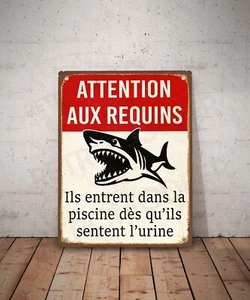 Plaque métal vintage citation Attention aux requins Décoration Déco Danger - Picture 1 of 3