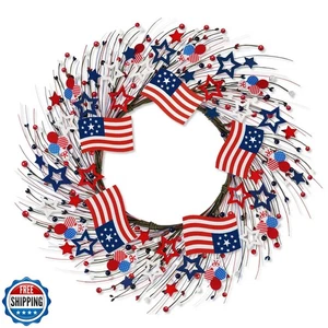 4th of July Independence Day Red White Blue Berry Wreath with Flag, ZOXILEN 2 - Picture 1 of 5