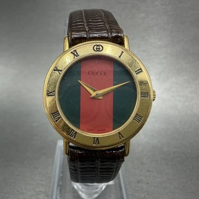 Gucci 3000L Watch Women 26mm Red Green Dial Gold Plated Round Leather New Batt - Image 1 of 4