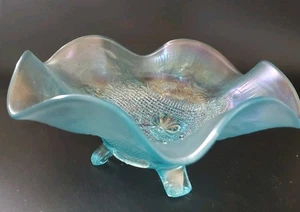 Northwood Blue Iridescent Carnival Glass Ripple Edge & Footed Compote Candy Dish - Picture 1 of 13