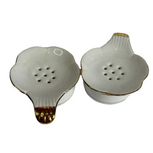 Vintage White Floral Porcelain & Gold Trim Tea Strainer w/Under Bowl 3"X4" Japan - Picture 1 of 12