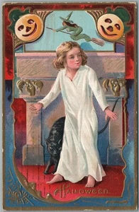 ANTIGUA POSTAL HALLOWEEN NIÑO con BRUJA VOLADORA - Imagen 1 de 2