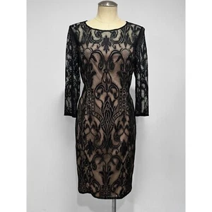 Adrianna Papell Women's Black Nude Lace Cocktail 3/4 Sleeve Sheath Dress Size 12 - Picture 1 of 7
