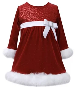 Girls' Bonnie Jean Faux Fur Trim Sequined Red Velvet Dress w/Rhinestone Buckle 4 - Picture 1 of 4