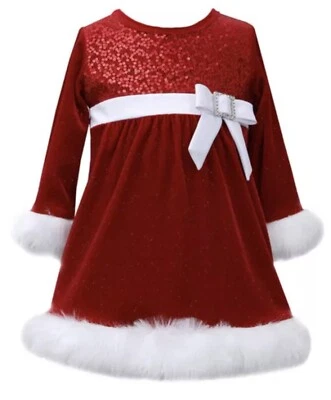 Girls' Bonnie Jean Faux Fur Trim Sequined Red Velvet Dress w/Rhinestone Buckle 4 - Image 1 of 4