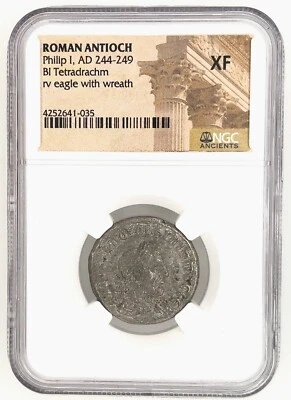 244- 249 AD ROMAN ANTIOCH BI TETRADRACHM PHILIP I EAGLE COIN NGC EXTREMELY FINE - Image 1 of 4