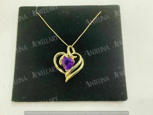 2 Ct Heart Cut Amethyst Women's Pretty Pendant With Chain 14k Yellow Gold Finish - Picture 1 of 4