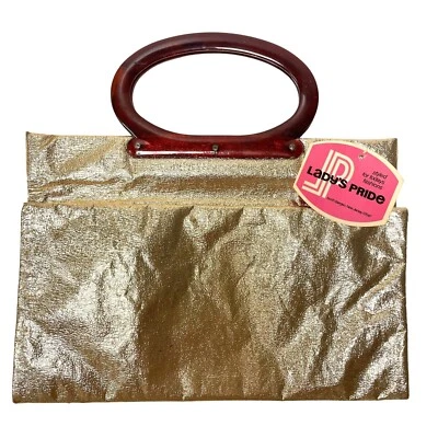 Vtg 70's Lady's Pride Hand Bag Shiny METALLIC GOLD Purse MOD HIPPIE Top Handle - Image 1 of 4