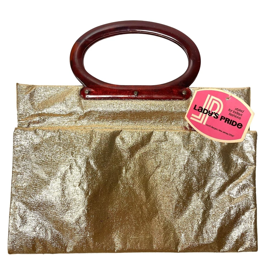 De Colección Años 70 Dama Orgullo Bolso de Mano Brillante METÁLICO DORADO Cartera MOD HIPPIE Mango Superior Foto 1 de 4