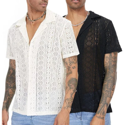 Men's See-Through Tees Short Sleeve Lace Shirt Mesh Top Blouse Collared Burtton - Image 1 of 4