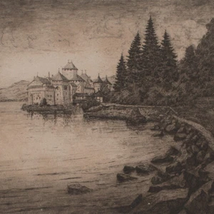 Castillo Chillon Vista Histórica Suiza Desconocido Firmado Grabado Siglo XX - Imagen 1 de 5