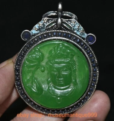 2.8" Old Chinese Silver inlay Green jade Guan yin Boddhisattva Amulet pendant - Image 1 of 4