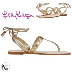 Lilly Pulitzer Womens Metallic Gold Leather Embellished Lace-Up Flat Sandals 8.5 - Picture 1 of 15