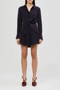 ACLER Alma Navy Long Sleeve Shirt Dress Mini Size 8 Silk - Picture 1 of 6