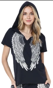 Vocal Apparel Damen Kurzarm Oberteil mit Kapuze Engelsflügel - Bild 1 von 3