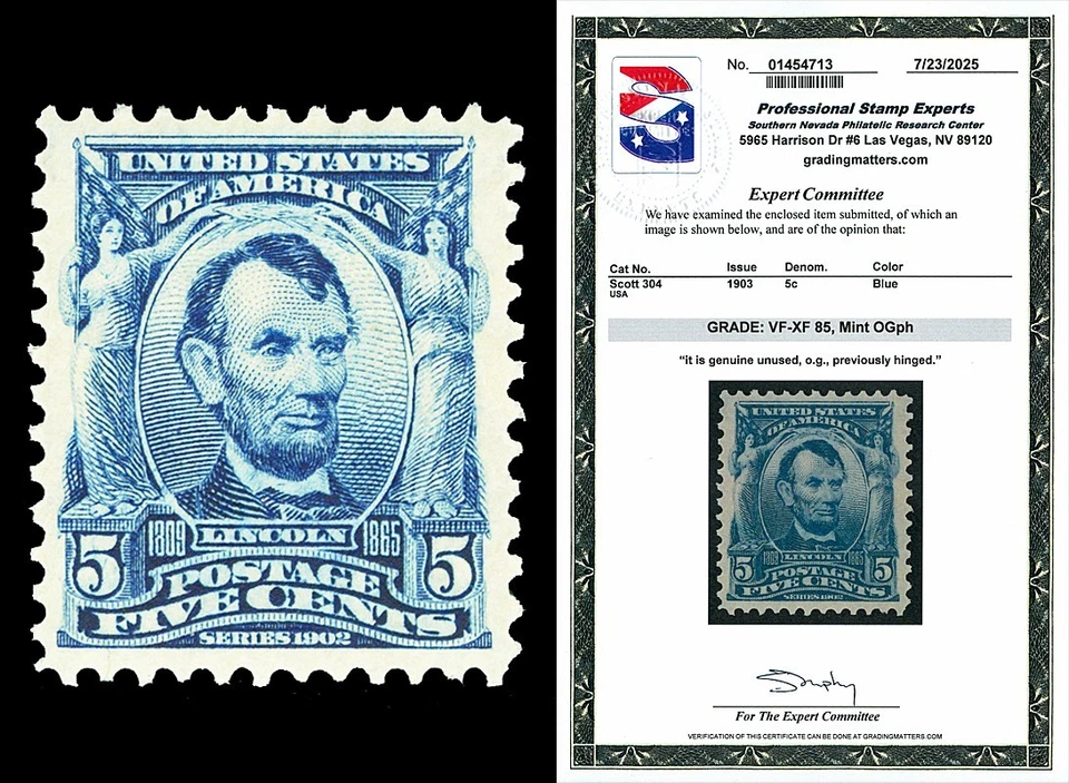 Scott 304 1903 5c Lincoln Regular Issue Mint Graded VF-XF 85 LH with PSE CERT - Image 1 of 1