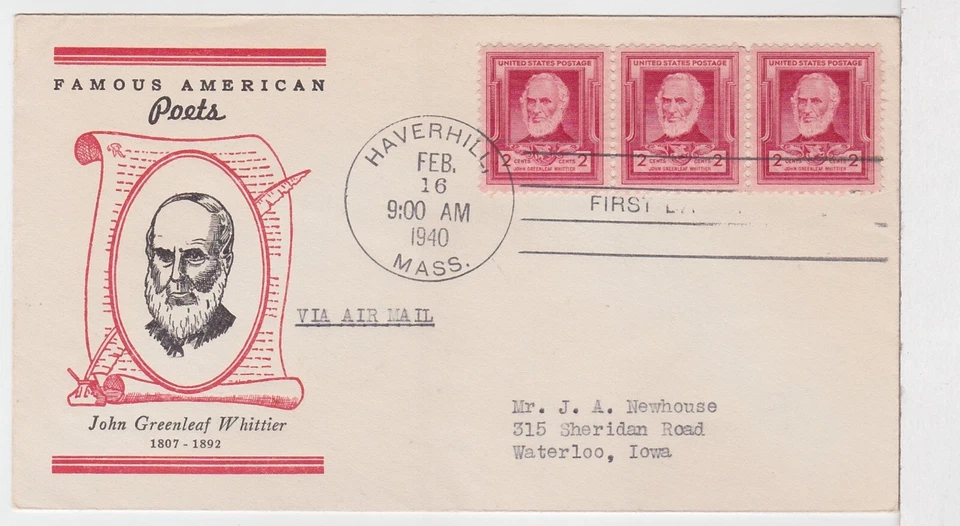TurtlesTradingPost- John Whittier- Poet #865 FDC 1939- Strip 3 - Linprint Cachet - Image 1 of 1