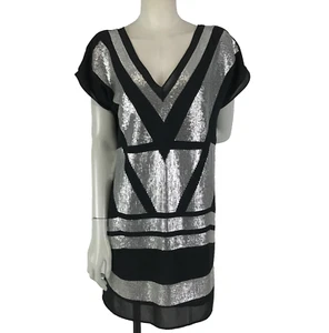 Lumier Dress Black Size L 10 12 Silver Sequins Geo Pattern Shift Cocktail New - Picture 1 of 13