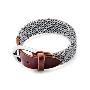 Hip Hop Wrap Bracelet Punk Rocker Metal Mesh Chain with Brown Leather Buckle - Picture 1 of 3