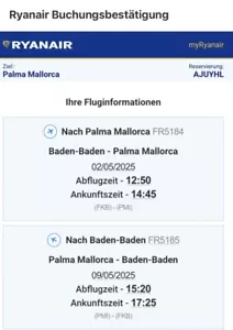 2 Flugtickets Karlsruhe Mallorca 02.05.-09.05. Hin+Rück 50kg Gepäck Beinfreiheit - Bild 1 von 5