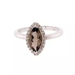 14 Karat White Gold & Classic Marquise Smoky Quartz Halo Diamond Statement Ring - Picture 1 of 7