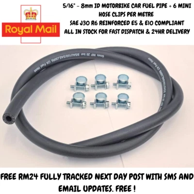 MACHINETEC 5/16" Motorcycle Fuel Pipe Hose Petrol Tube. E5 E10 Fuel SAE J30 R6, 6 Clips Mtr