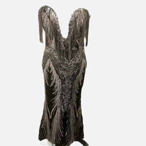 Feeniesty Pailletten Kleid Diva schwarz zum Binden Hochzeit trägerlos Maxi Abendkleid XL - Bild 1 von 10