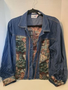 Erin London Denim Jacket Womens Large Blue Denim Town Theme Tapestry-VINTAGE - Picture 1 of 6