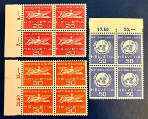 Schweiz 7O24-7O25, 7O27 / 1955-1959 UN Briefmarken 4er-Blöcke / postfrisch / Gummi Dist 25 - Bild 1 von 2