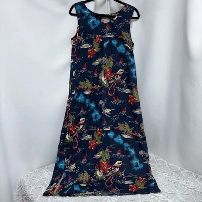 Hilo Hattie Hawaiian Aloha Maxi Dress size Medium Blue  Palms Hibiscus - Image 1 of 4