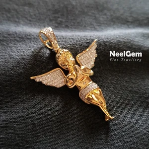 Praying Angel Charm Pendant in 10Kt Real Genuine Solid Gold with Moissanite - Picture 1 of 9