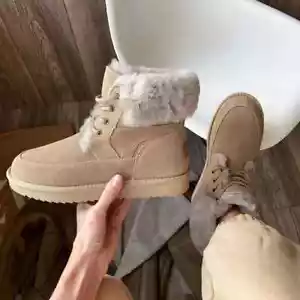 Botas para Nieve Mujeres Gamuza Cuero Con Cordones Botines Cálidos Lana Piel Zapatos Hechos a Mano - Imagen 1 de 15