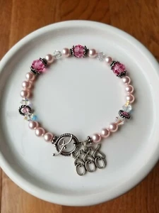 Swarovski Crystal & Pearl Sterling Silver Handcrafted Artisan Bracelet PINK HUGS - Picture 1 of 9