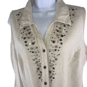 Christopher Banks Blouse Women Size XL Linen Embellished Beads Button Boho Retro - Picture 1 of 11
