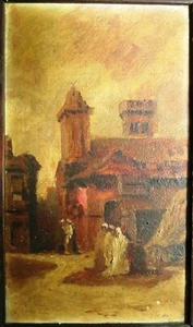 EUROPA XIX C. ALTA CALIDAD PINTADO A MANO ÓLEO SOBRE TABLA VISTA DE UN PUEBLO CON IGLESIA - Imagen 1 de 3