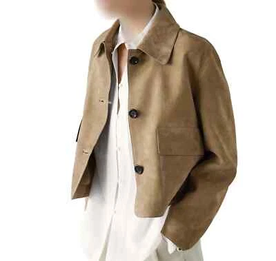 Женская винтажная бежевая замшевая кожаная укороченная куртка с карманами стильная и трендовая - Изображение 1 из 4