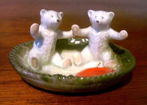 Antique German Fairing Porcelain Pink Paw Bears Pin Dish...Color Accent...MINT!! - Picture 1 of 7