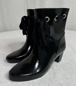 Stivaletti da pioggia Kate Spade donna taglia 6 neri con tacco nastro accento New York - Foto 1 di 9