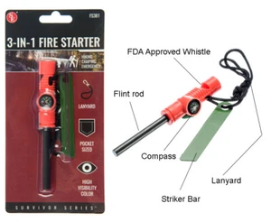 3-in-1 Emergency Magnesium Fire Starter Flint Compass Whistle Survival Outdoor - Picture 1 of 2