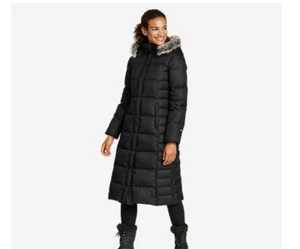 NEW Eddie Bauer Womens x20 Lodge Down Parka Duffle Coat Hooded Black sz Tall M - Picture 1 of 1