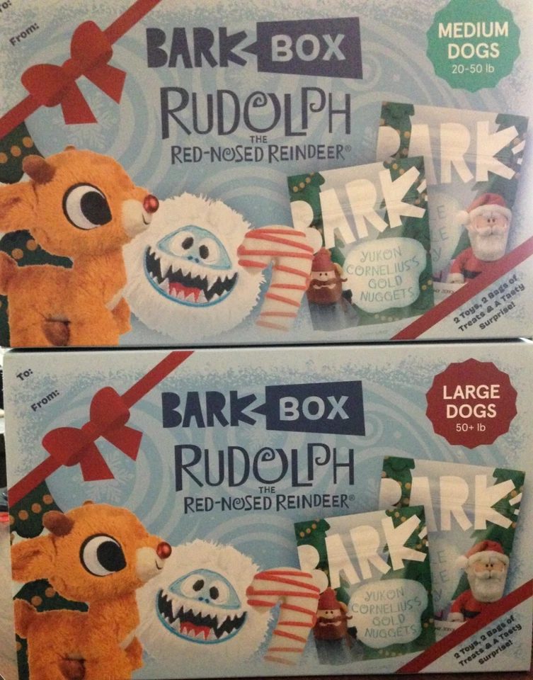 BARKBOX Bark Box; Rudolph the Red Nosed Reindeer, Gift Box, New, 2 Toys, 2 Bags Treats +