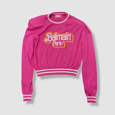 Balmain x Barbie Women's Pink Long Sleeve Cropped Logo Sweater Size 40 - Image 1 of 4