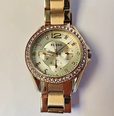 Fossil Riley Watch Multifunction 38mm Gold Tone Crystals ES3203 Stainless Steel - Image 1 of 4
